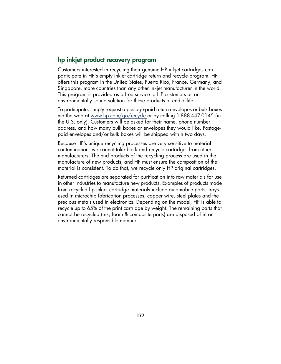 Hp inkjet product recovery program, Hp inkjet, Product recovery program | HP Color Inkjet cp1160 Printer series User Manual | Page 185 / 213