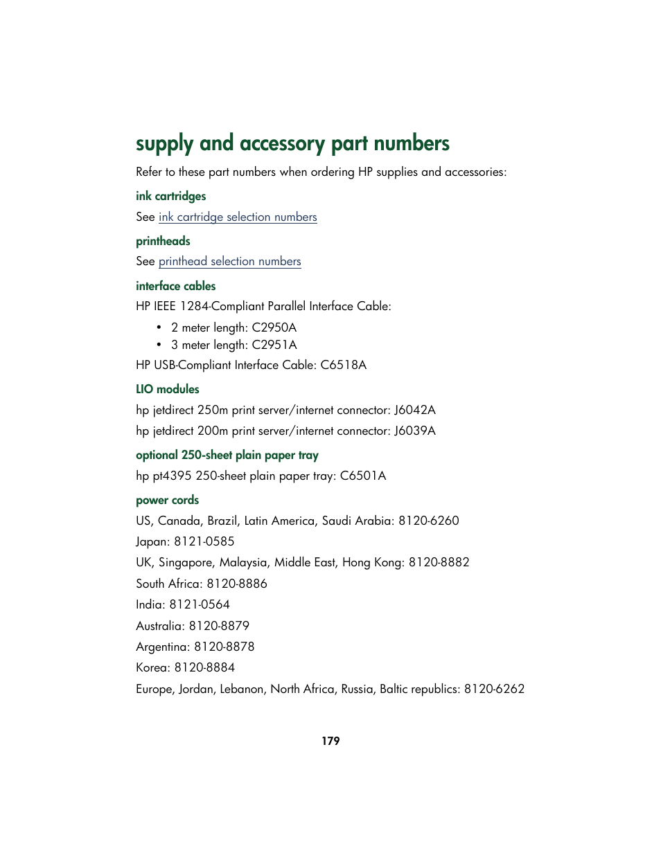 Supply and accessory part numbers | HP Color Inkjet cp1160 Printer series User Manual | Page 187 / 213