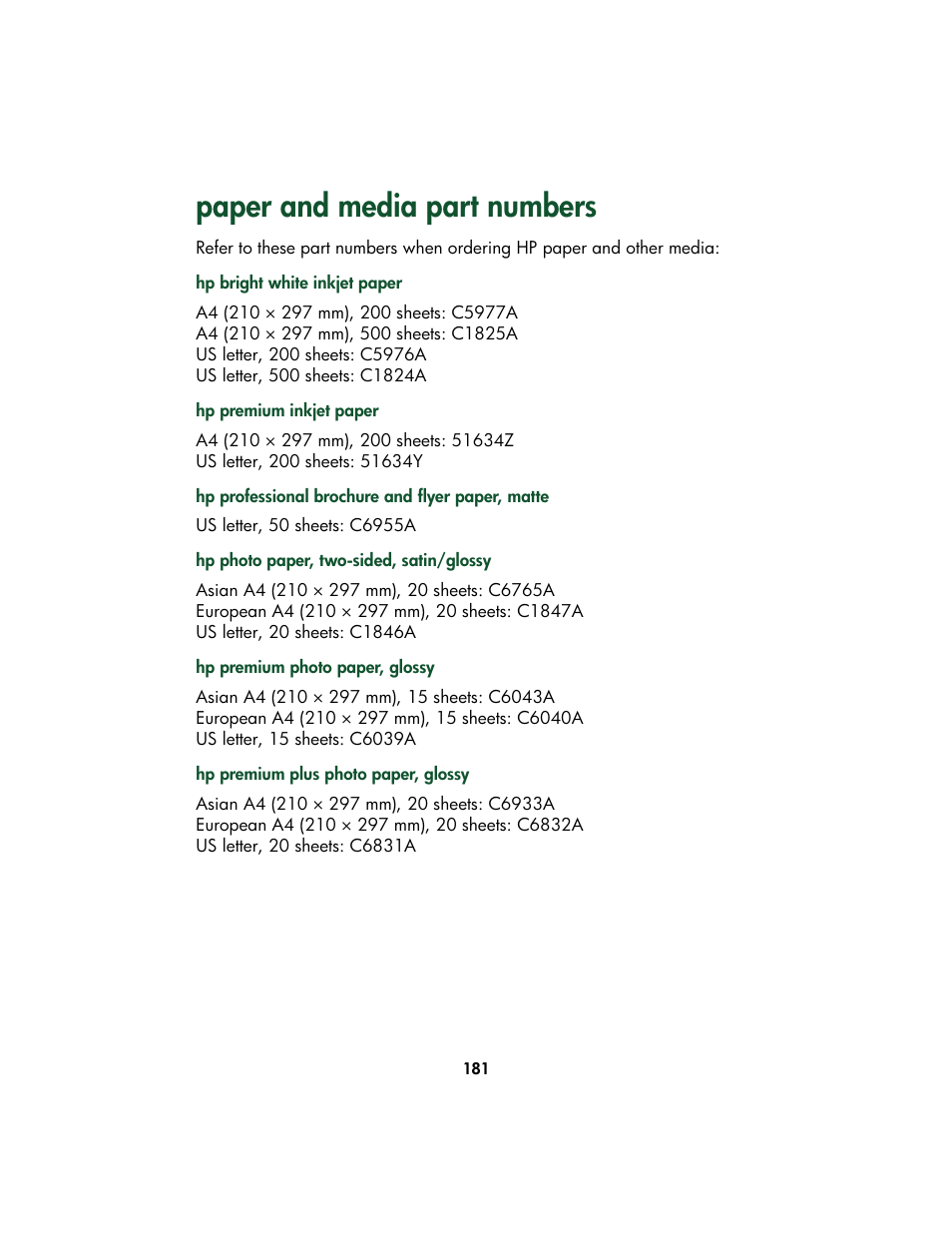 Paper and media part numbers | HP Color Inkjet cp1160 Printer series User Manual | Page 189 / 213