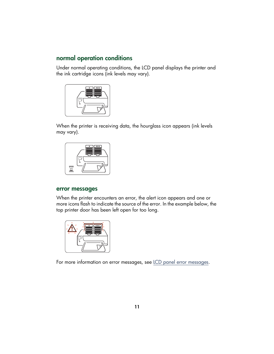 Normal operation conditions, Error messages | HP Color Inkjet cp1160 Printer series User Manual | Page 19 / 213