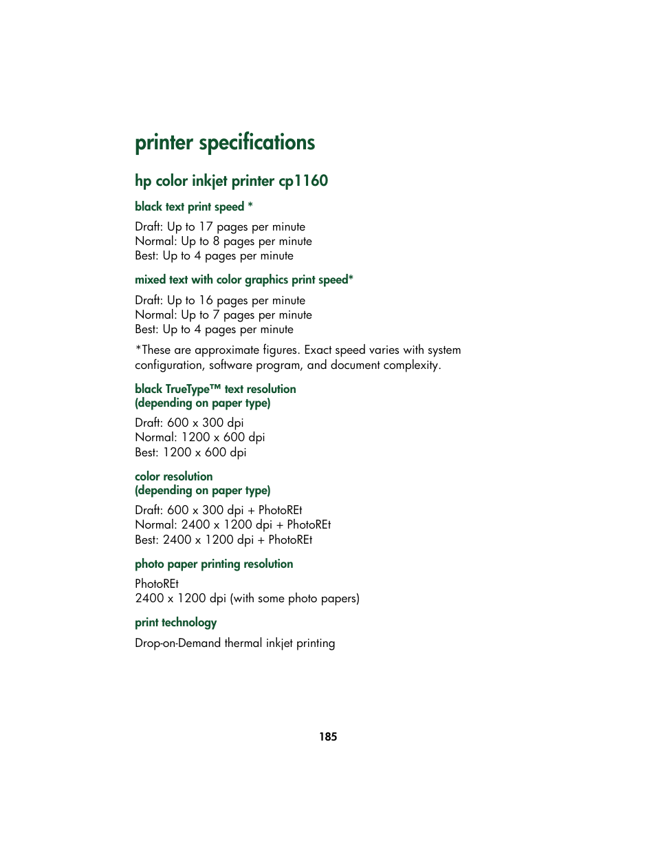 Printer specifications, Hp color inkjet printer cp1160 | HP Color Inkjet cp1160 Printer series User Manual | Page 193 / 213