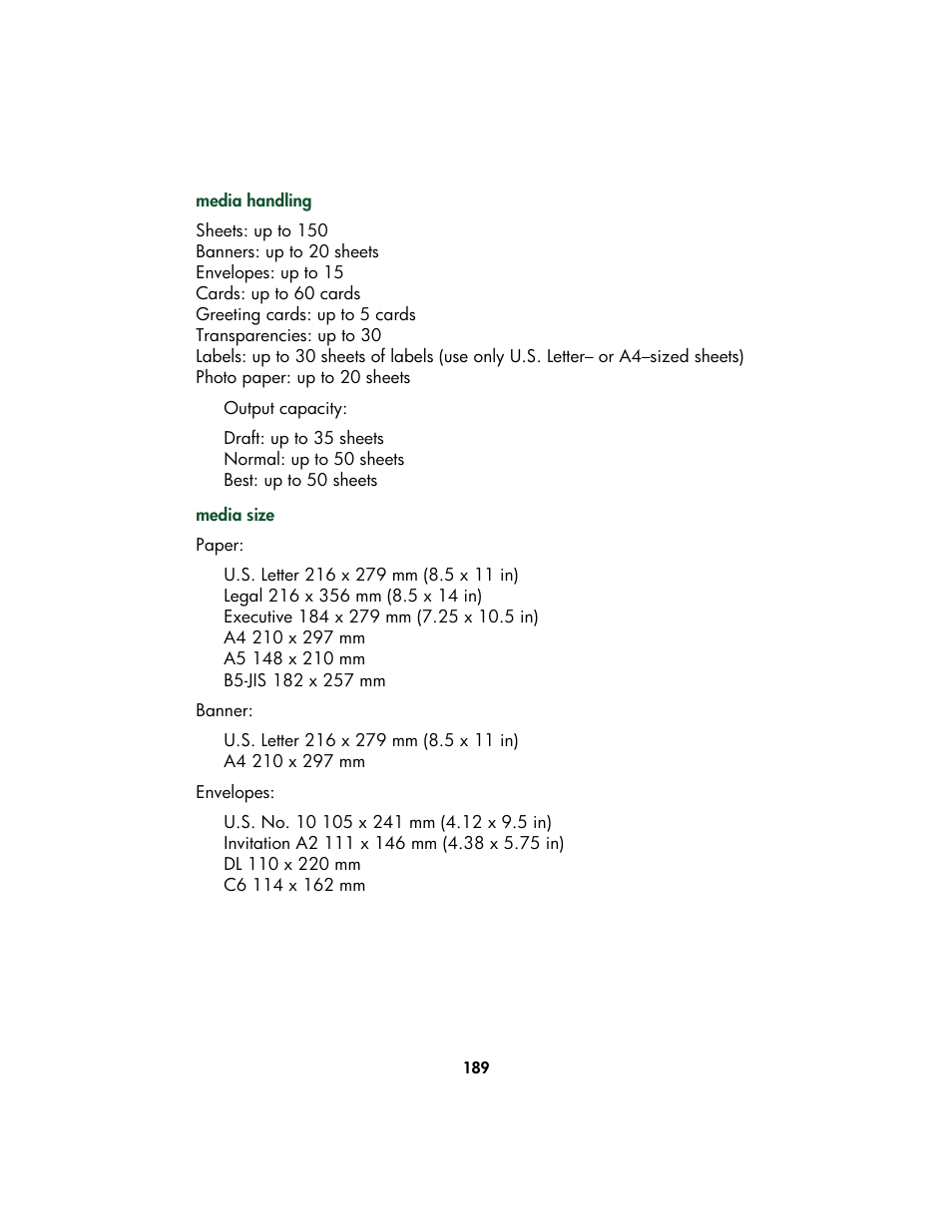 Media size | HP Color Inkjet cp1160 Printer series User Manual | Page 197 / 213