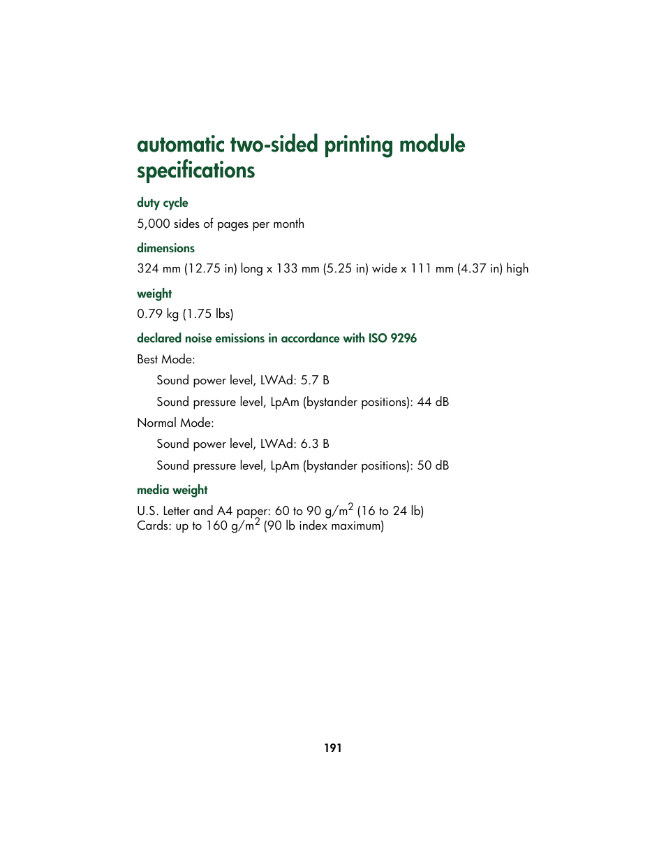 Automatic two-sided printing module specifications, Automatic two, Sided printing module specifications | HP Color Inkjet cp1160 Printer series User Manual | Page 199 / 213