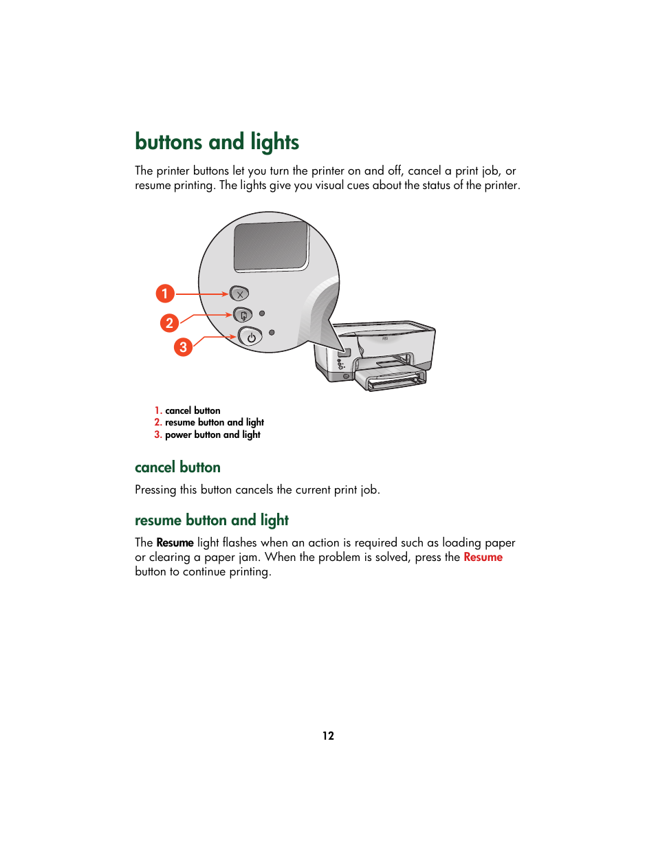 Buttons and lights, Cancel button, Resume button and light | ᕡᕣ ᕢ | HP Color Inkjet cp1160 Printer series User Manual | Page 20 / 213