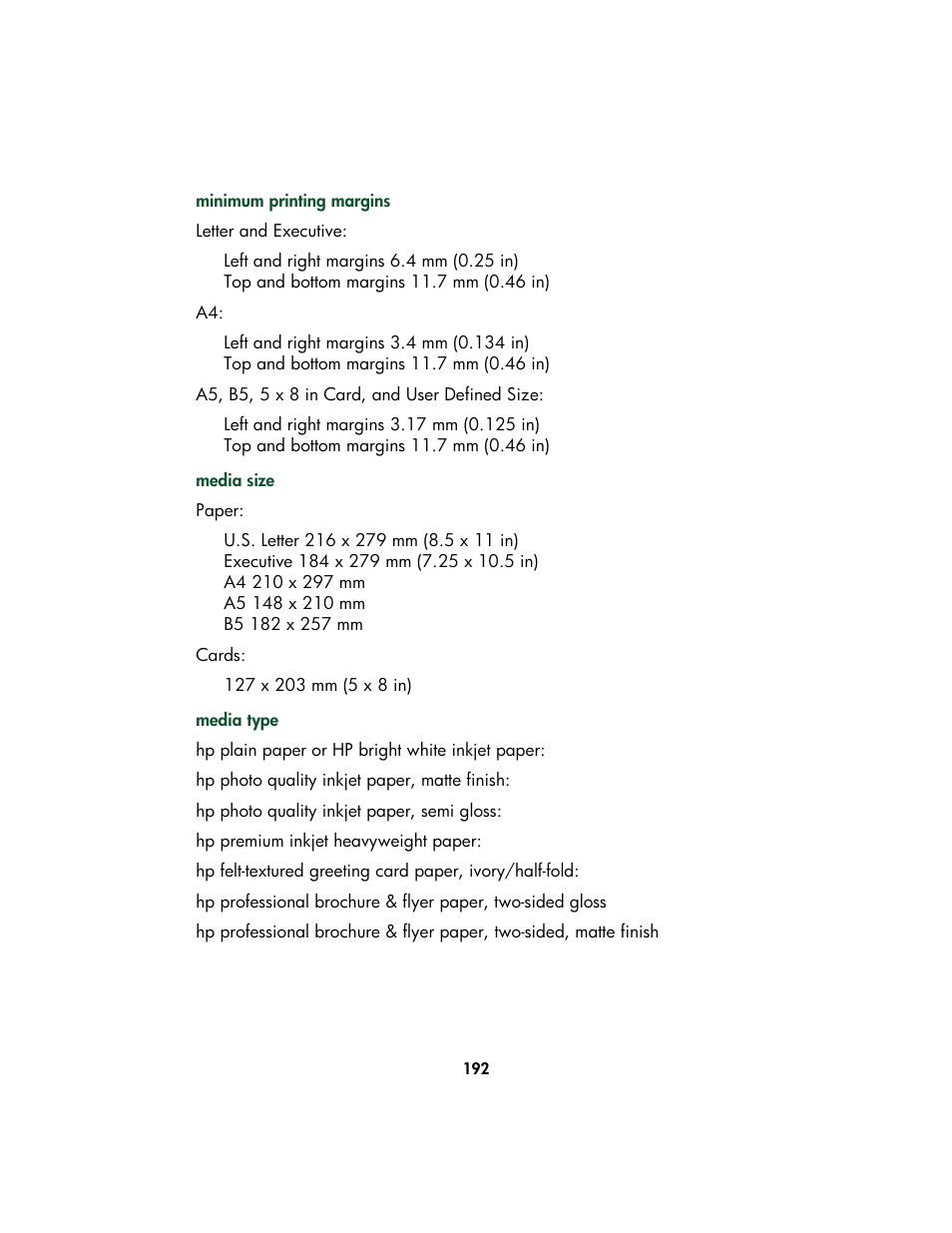 Duplexer media types | HP Color Inkjet cp1160 Printer series User Manual | Page 200 / 213