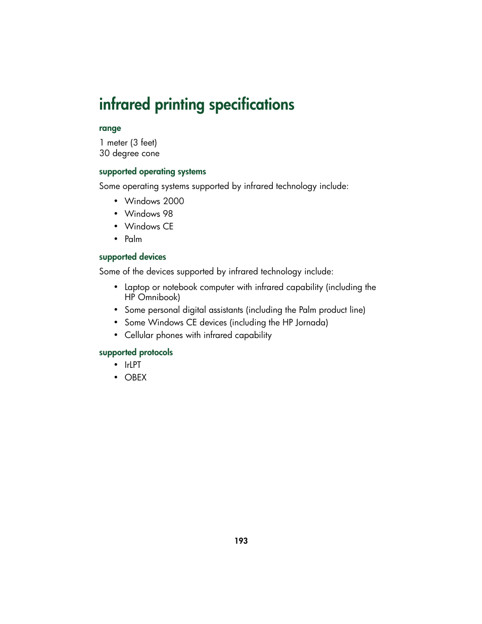 Infrared printing specifications | HP Color Inkjet cp1160 Printer series User Manual | Page 201 / 213