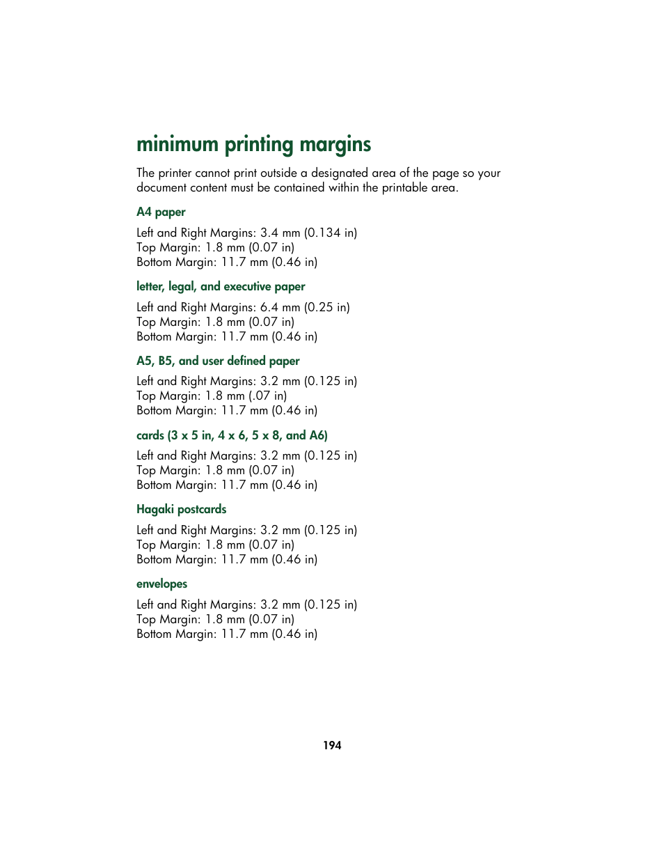 Minimum printing margins | HP Color Inkjet cp1160 Printer series User Manual | Page 202 / 213