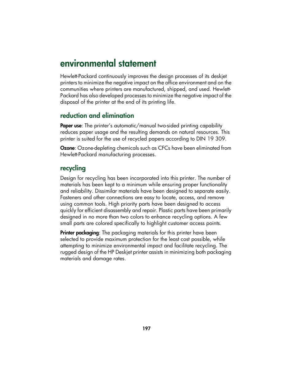 Environmental statement, Reduction and elimination, Recycling | HP Color Inkjet cp1160 Printer series User Manual | Page 205 / 213