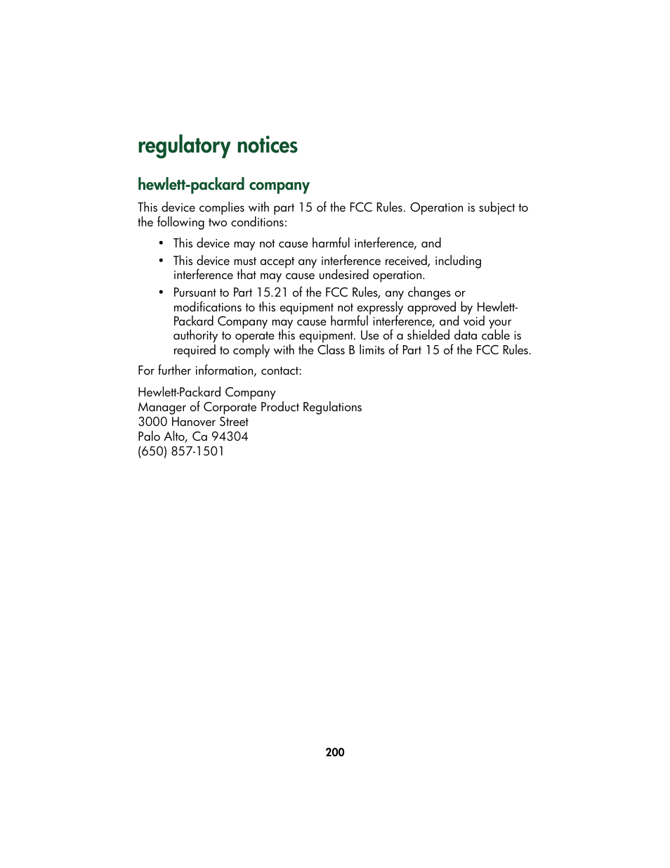 Regulatory notices, Hewlett-packard company | HP Color Inkjet cp1160 Printer series User Manual | Page 208 / 213