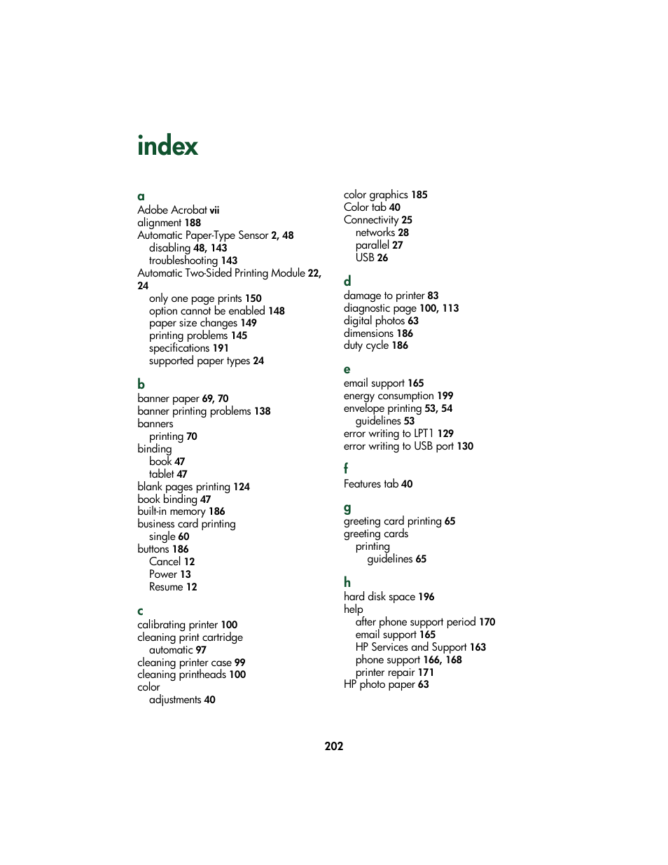 Index | HP Color Inkjet cp1160 Printer series User Manual | Page 210 / 213