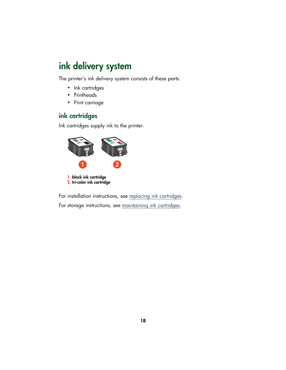 Ink delivery system, Ink cartridges | HP Color Inkjet cp1160 Printer series User Manual | Page 26 / 213