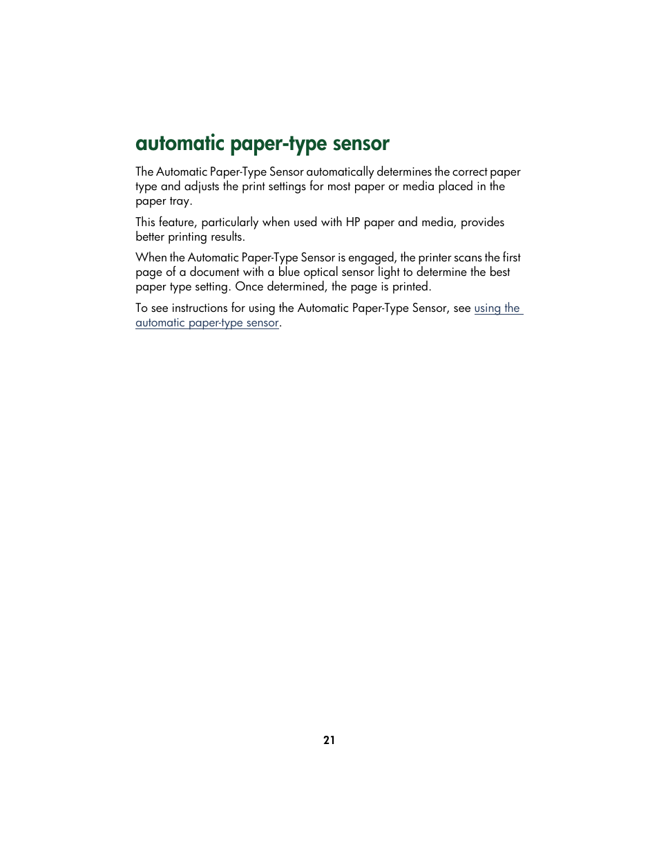 Automatic paper-type sensor, Automatic paper, Automatic paper type sensor | HP Color Inkjet cp1160 Printer series User Manual | Page 29 / 213