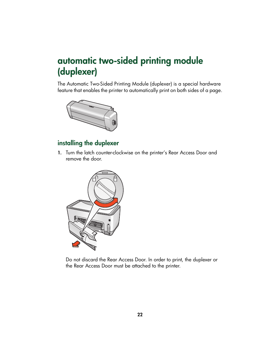 Automatic two-sided printing module (duplexer), Installing the duplexer | HP Color Inkjet cp1160 Printer series User Manual | Page 30 / 213