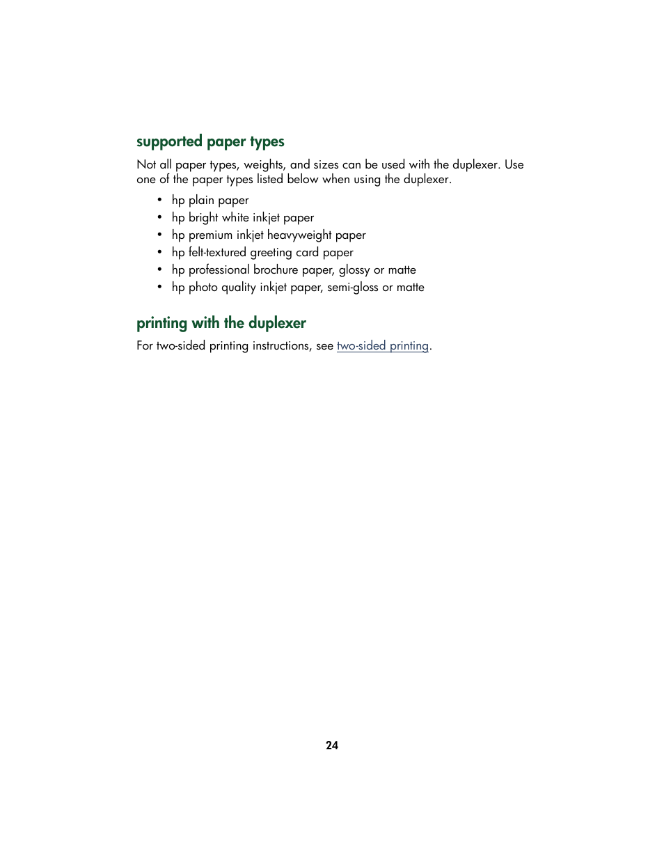 Supported paper types, Printing with the duplexer | HP Color Inkjet cp1160 Printer series User Manual | Page 32 / 213