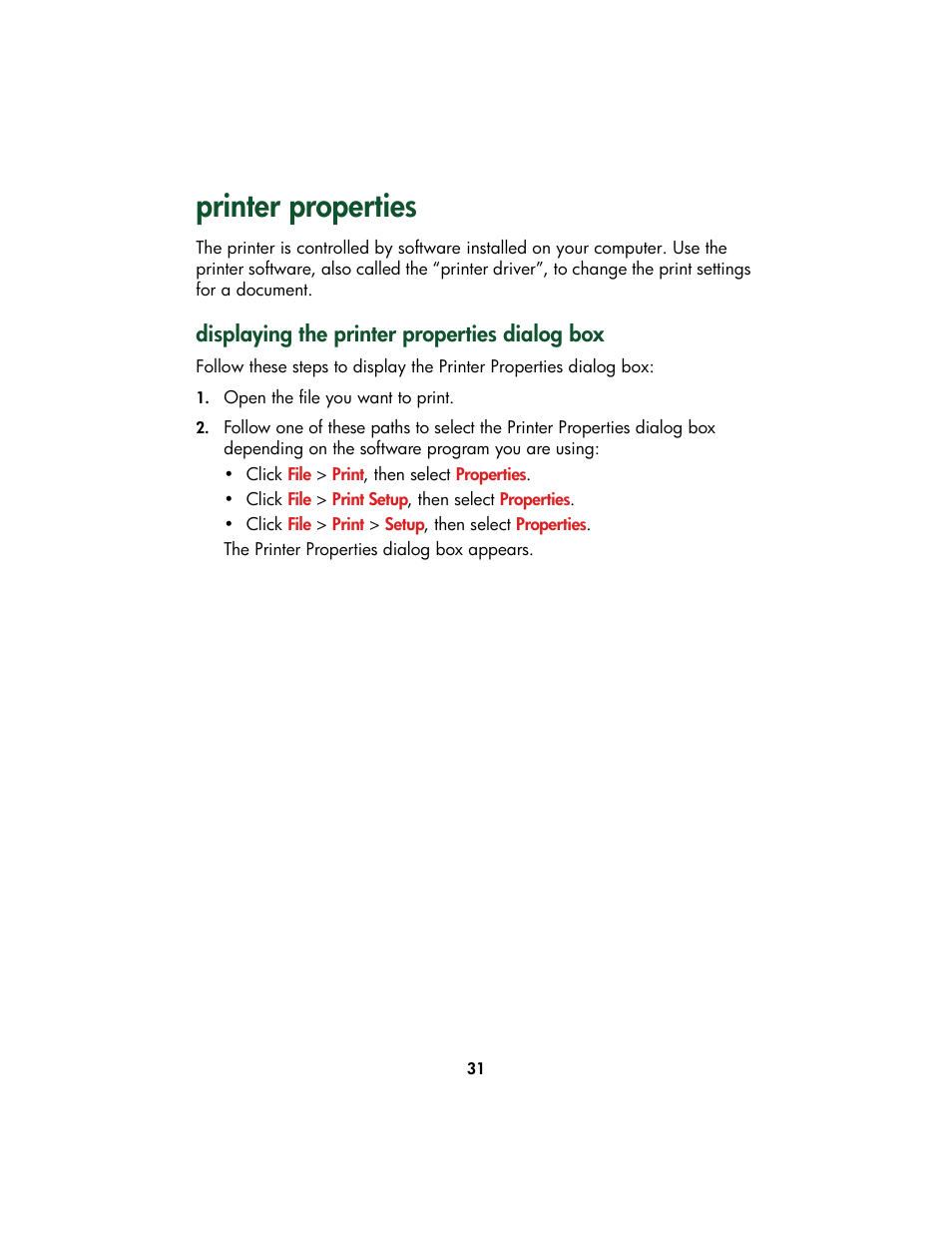 Printer properties, Displaying the printer properties dialog box | HP Color Inkjet cp1160 Printer series User Manual | Page 39 / 213