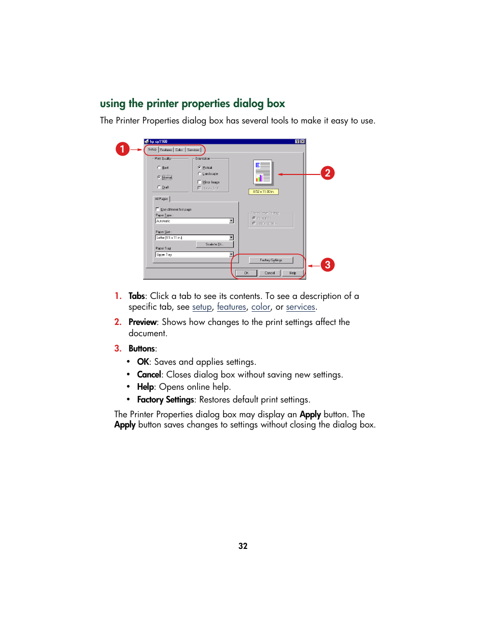 Using the printer properties dialog box, ᕡᕢ ᕣ | HP Color Inkjet cp1160 Printer series User Manual | Page 40 / 213