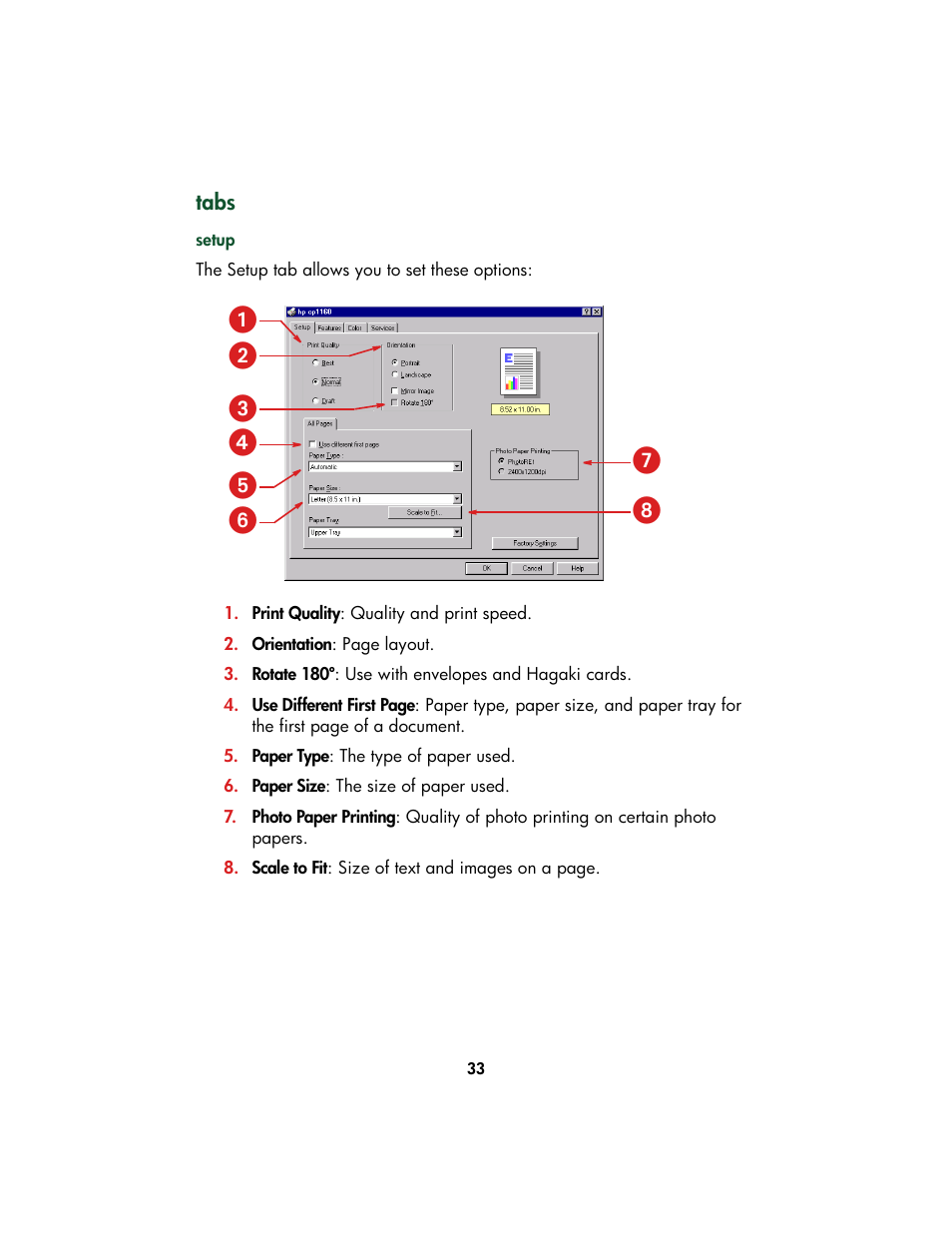 Tabs, Setup | HP Color Inkjet cp1160 Printer series User Manual | Page 41 / 213