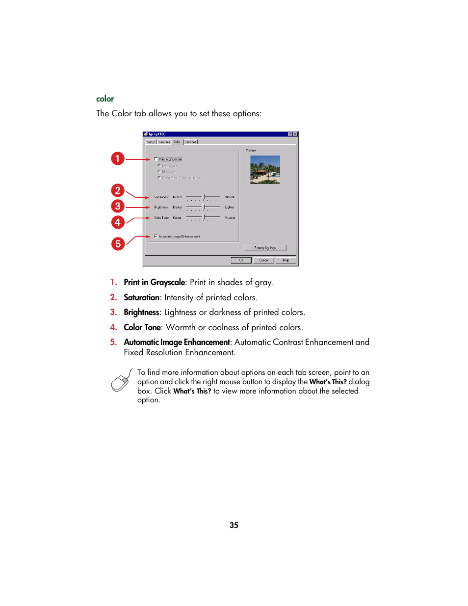 Color, ᕡᕢ ᕣ ᕤ ᕥ | HP Color Inkjet cp1160 Printer series User Manual | Page 43 / 213