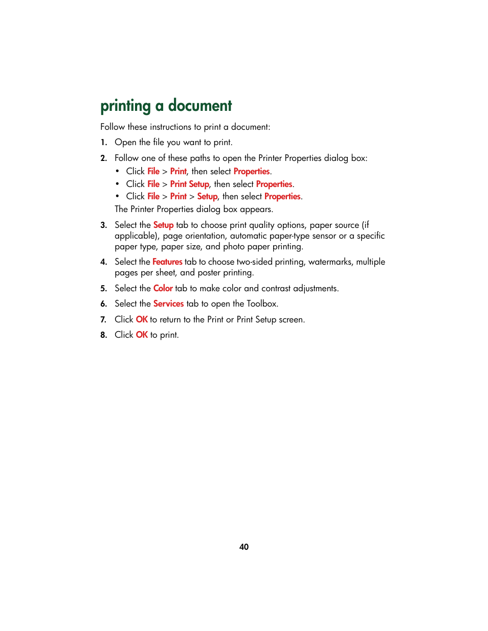 Printing a document | HP Color Inkjet cp1160 Printer series User Manual | Page 48 / 213