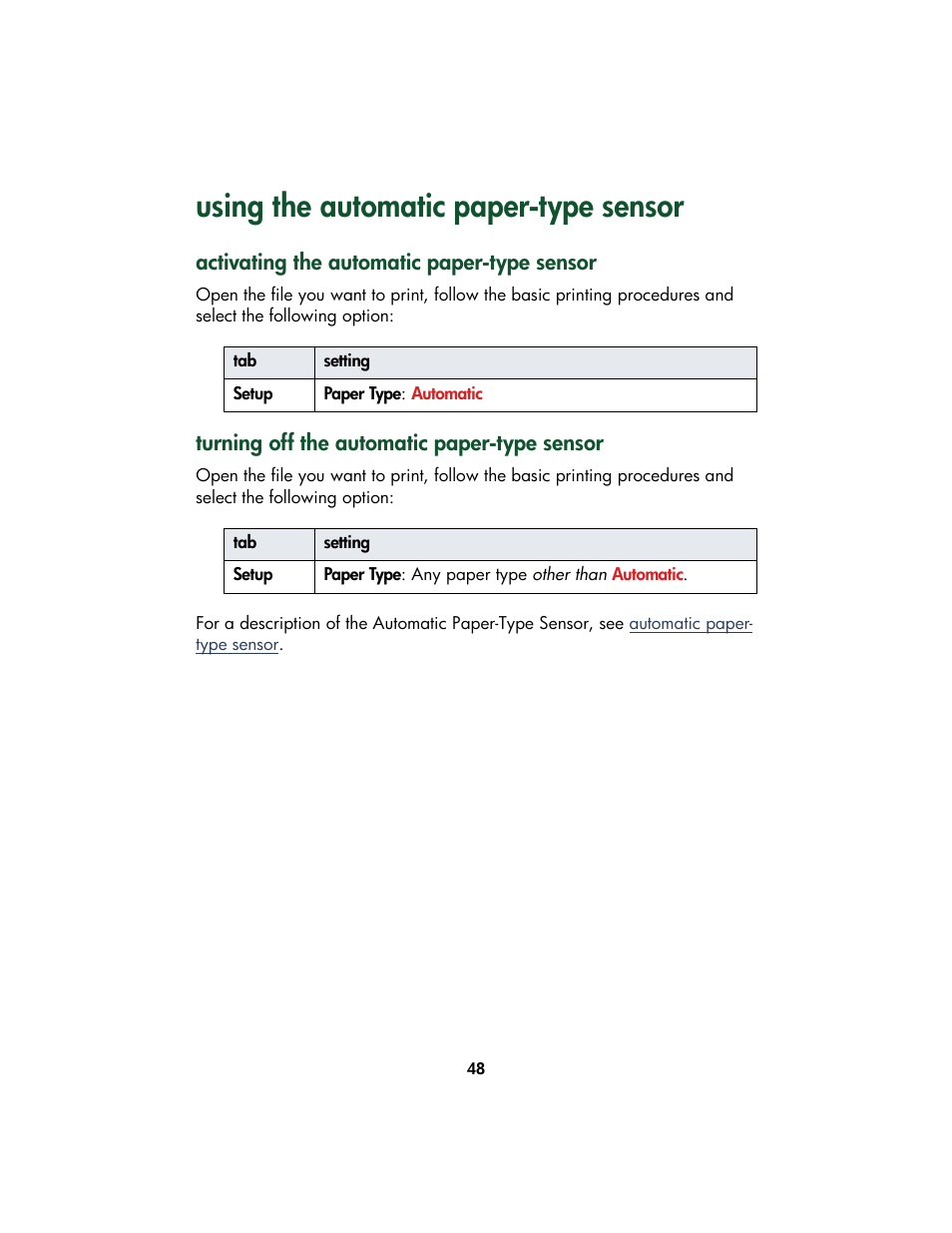 Using the automatic paper-type sensor, Activating the automatic paper-type sensor, Turning off the automatic paper-type sensor | HP Color Inkjet cp1160 Printer series User Manual | Page 56 / 213