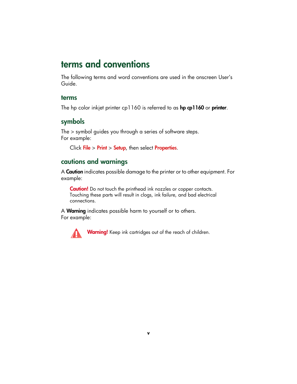 Terms and conventions, Terms, Symbols | Cautions and warnings | HP Color Inkjet cp1160 Printer series User Manual | Page 6 / 213