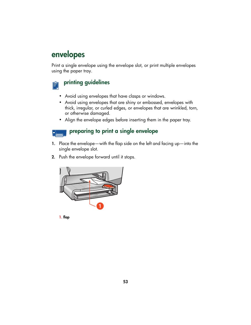 Envelopes, Printing guidelines, Preparing to print a single envelope | HP Color Inkjet cp1160 Printer series User Manual | Page 61 / 213