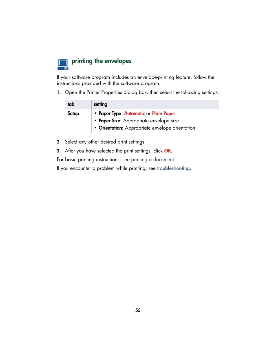 Printing the envelopes | HP Color Inkjet cp1160 Printer series User Manual | Page 63 / 213