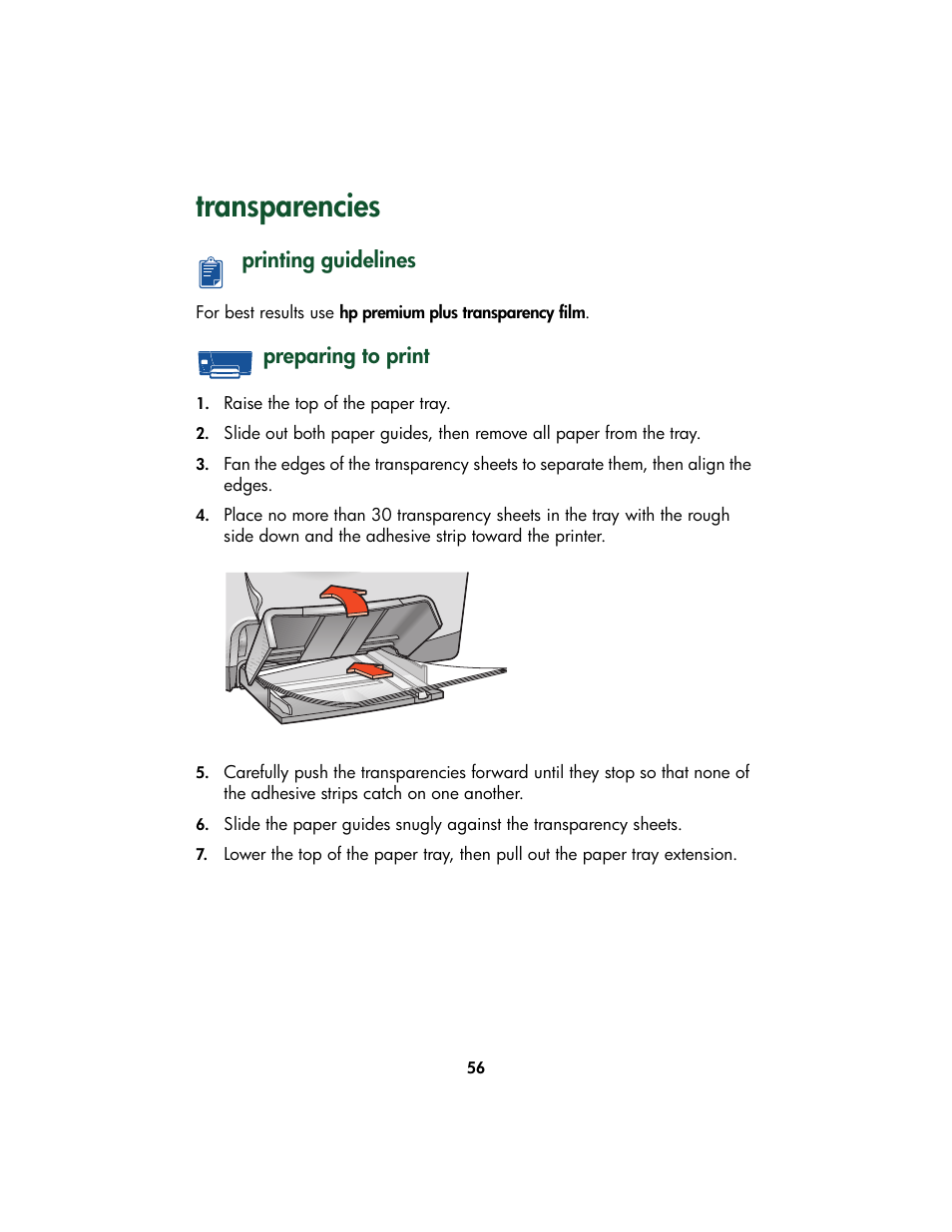 Transparencies, Printing guidelines, Preparing to print | Printing guidelines preparing to print | HP Color Inkjet cp1160 Printer series User Manual | Page 64 / 213