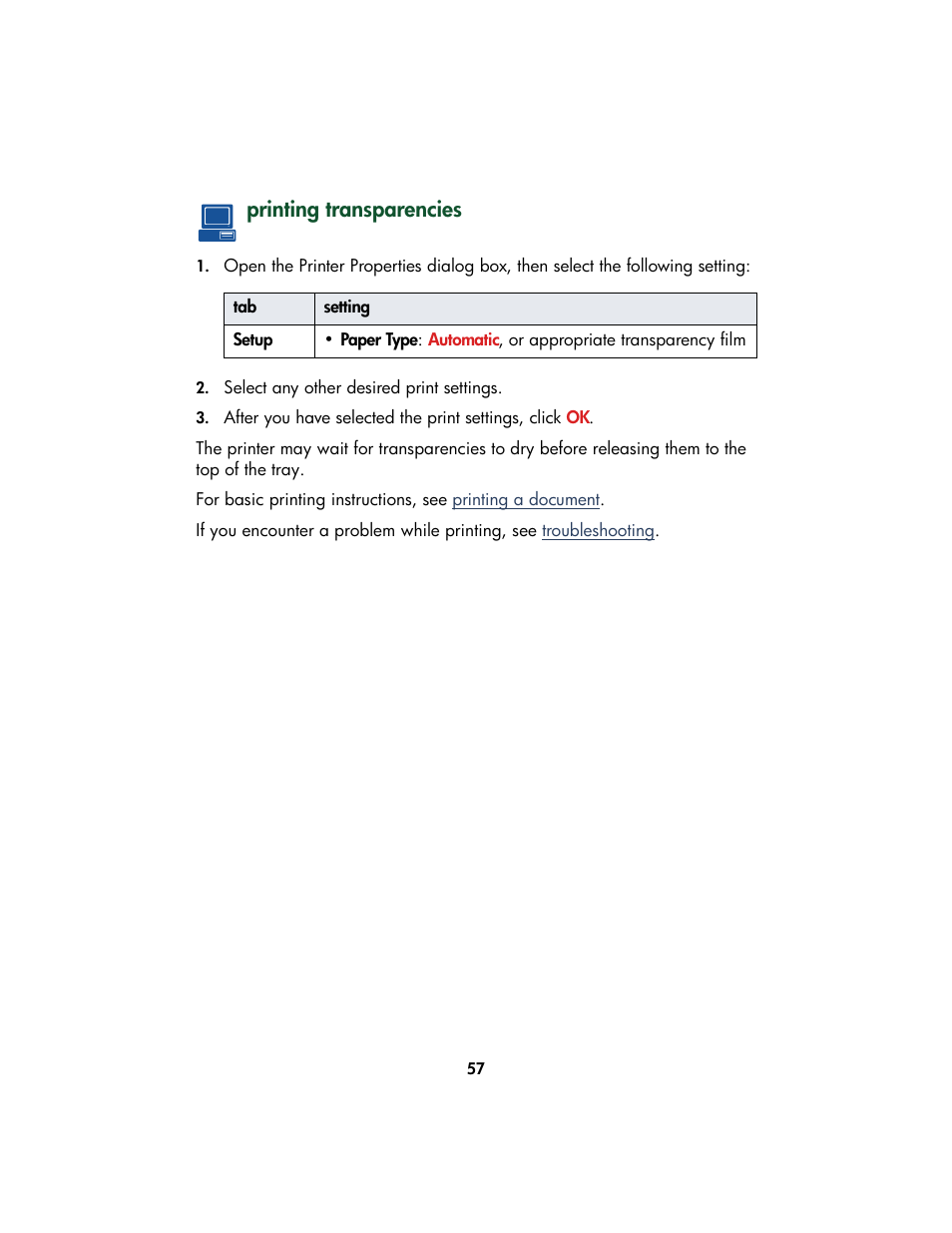 Printing transparencies | HP Color Inkjet cp1160 Printer series User Manual | Page 65 / 213