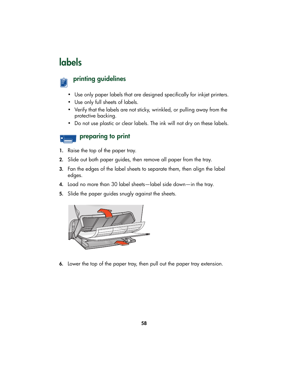 Labels, Printing guidelines, Preparing to print | Printing guidelines preparing to print | HP Color Inkjet cp1160 Printer series User Manual | Page 66 / 213