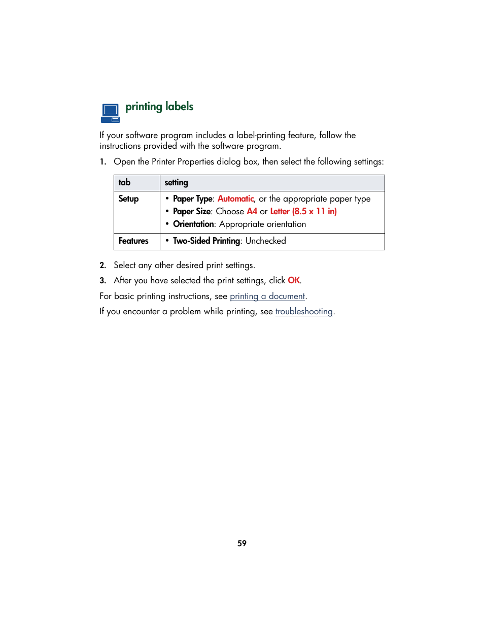 Printing labels | HP Color Inkjet cp1160 Printer series User Manual | Page 67 / 213