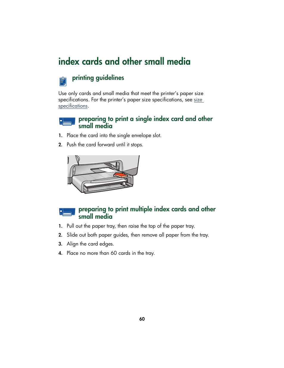 Index cards and other small media, Printing guidelines | HP Color Inkjet cp1160 Printer series User Manual | Page 68 / 213