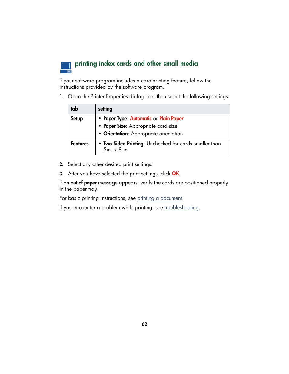 Printing index cards and other small media | HP Color Inkjet cp1160 Printer series User Manual | Page 70 / 213