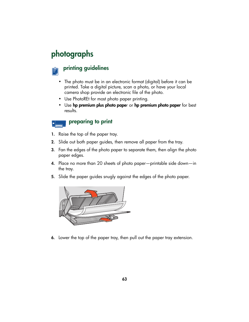 Photographs, Printing guidelines, Preparing to print | Printing guidelines preparing to print | HP Color Inkjet cp1160 Printer series User Manual | Page 71 / 213