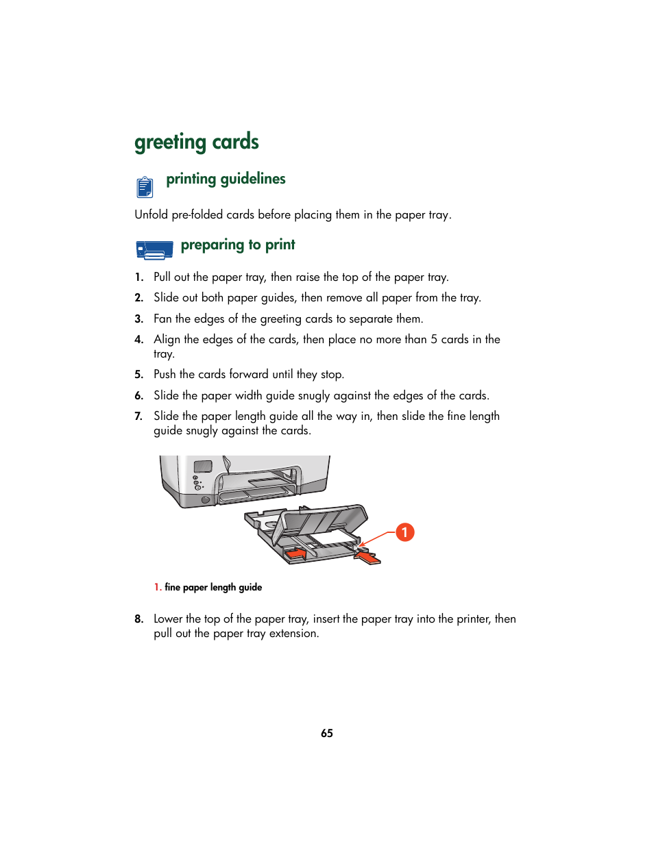 Greeting cards, Printing guidelines, Preparing to print | Printing guidelines preparing to print | HP Color Inkjet cp1160 Printer series User Manual | Page 73 / 213