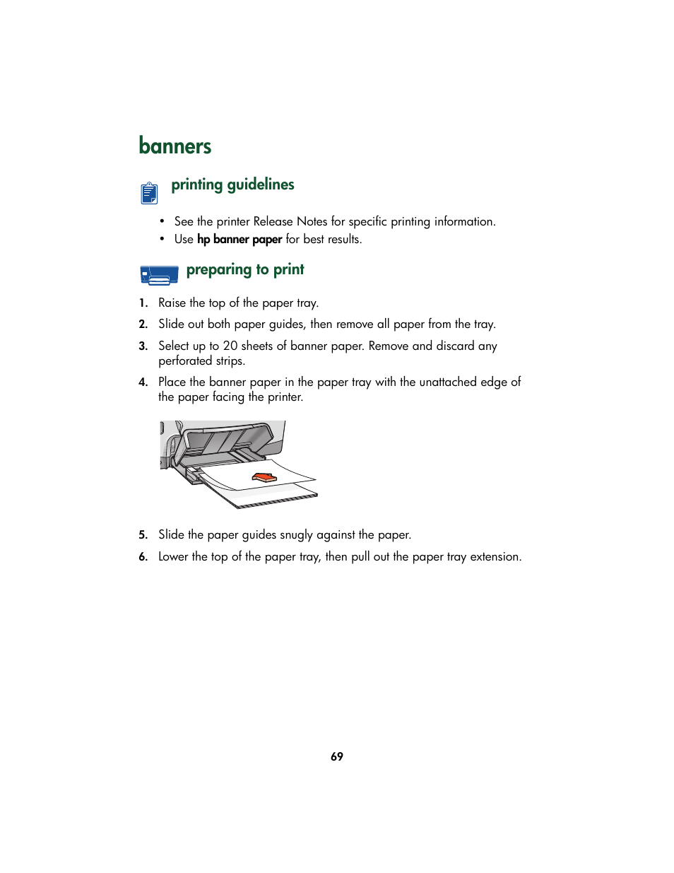 Banners, Printing guidelines, Preparing to print | Printing guidelines preparing to print | HP Color Inkjet cp1160 Printer series User Manual | Page 77 / 213