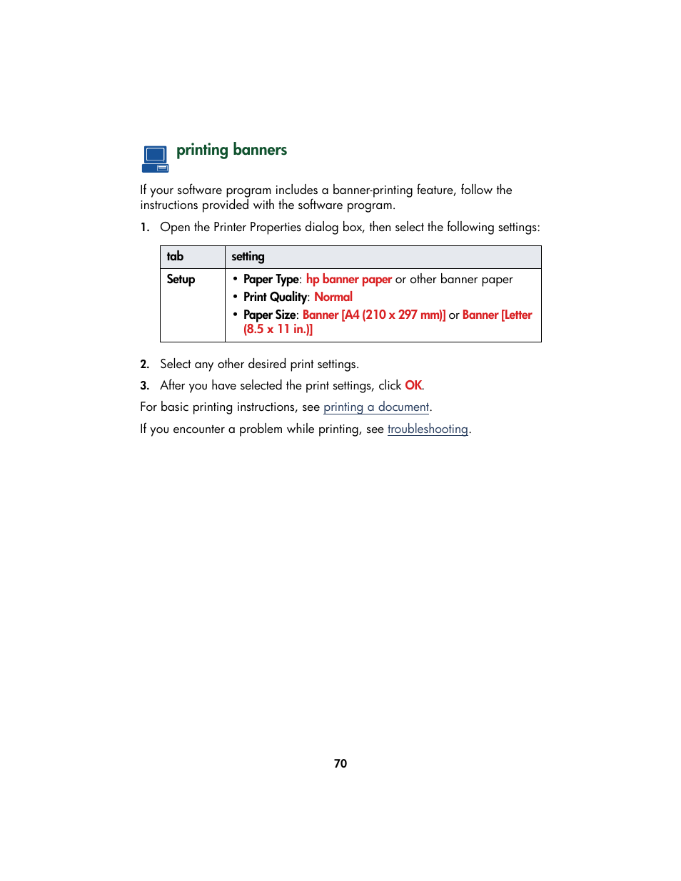 Printing banners | HP Color Inkjet cp1160 Printer series User Manual | Page 78 / 213