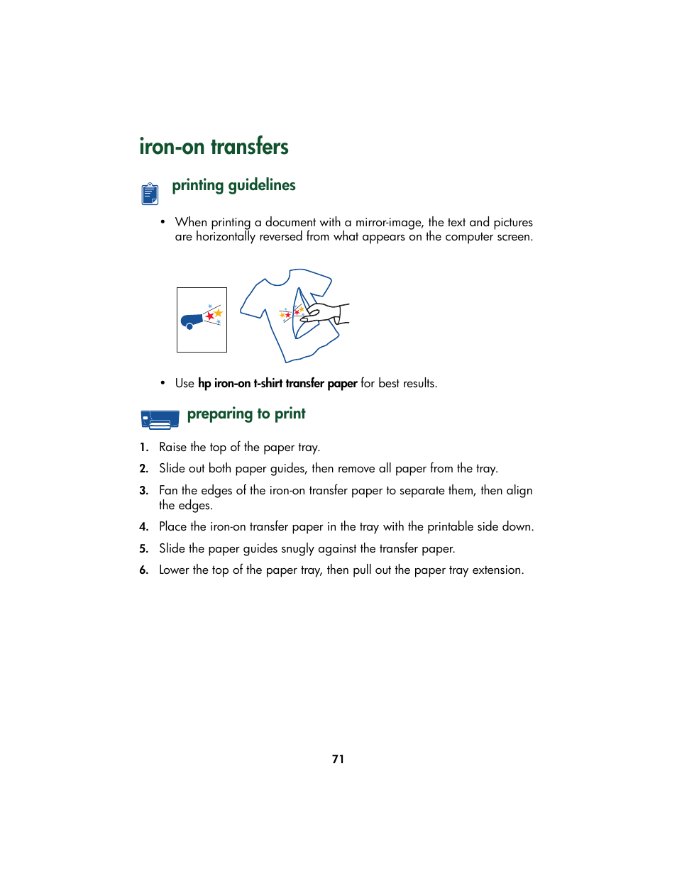 Iron-on transfers, Printing guidelines, Preparing to print | Printing guidelines preparing to print | HP Color Inkjet cp1160 Printer series User Manual | Page 79 / 213