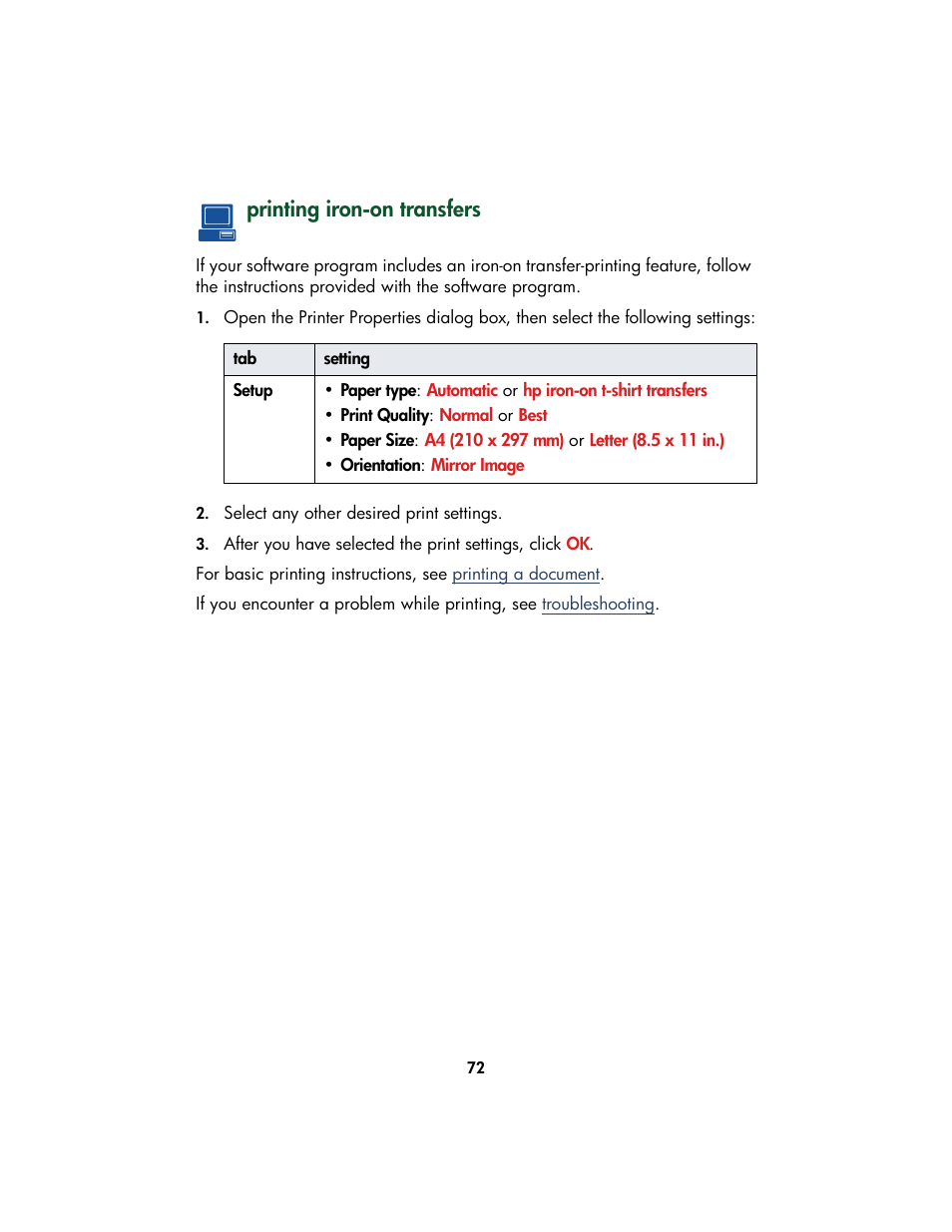 Printing iron-on transfers | HP Color Inkjet cp1160 Printer series User Manual | Page 80 / 213