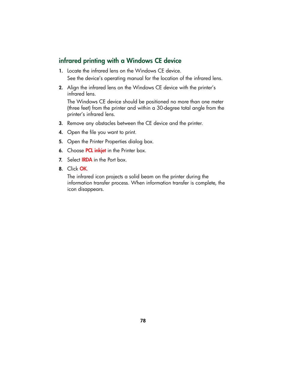 Infrared printing with a windows ce device | HP Color Inkjet cp1160 Printer series User Manual | Page 86 / 213