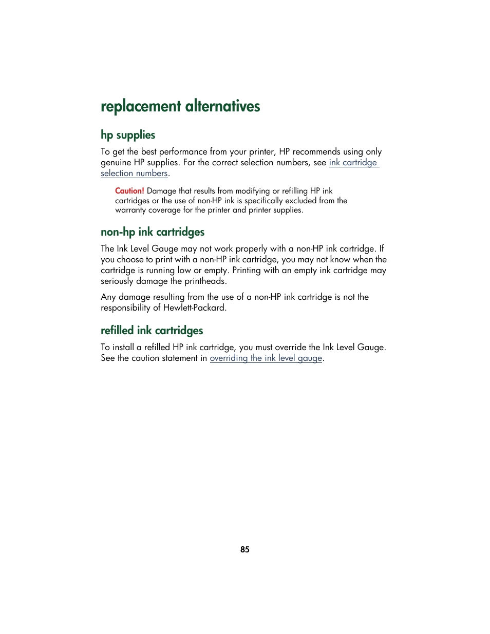 Replacement alternatives, Hp supplies, Non-hp ink cartridges | Refilled ink cartridges | HP Color Inkjet cp1160 Printer series User Manual | Page 93 / 213