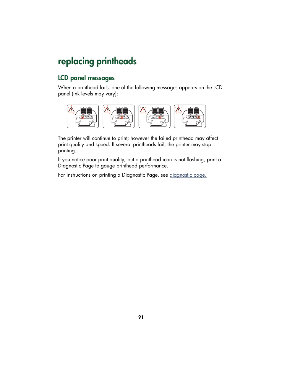 Replacing printheads, Lcd panel messages | HP Color Inkjet cp1160 Printer series User Manual | Page 99 / 213