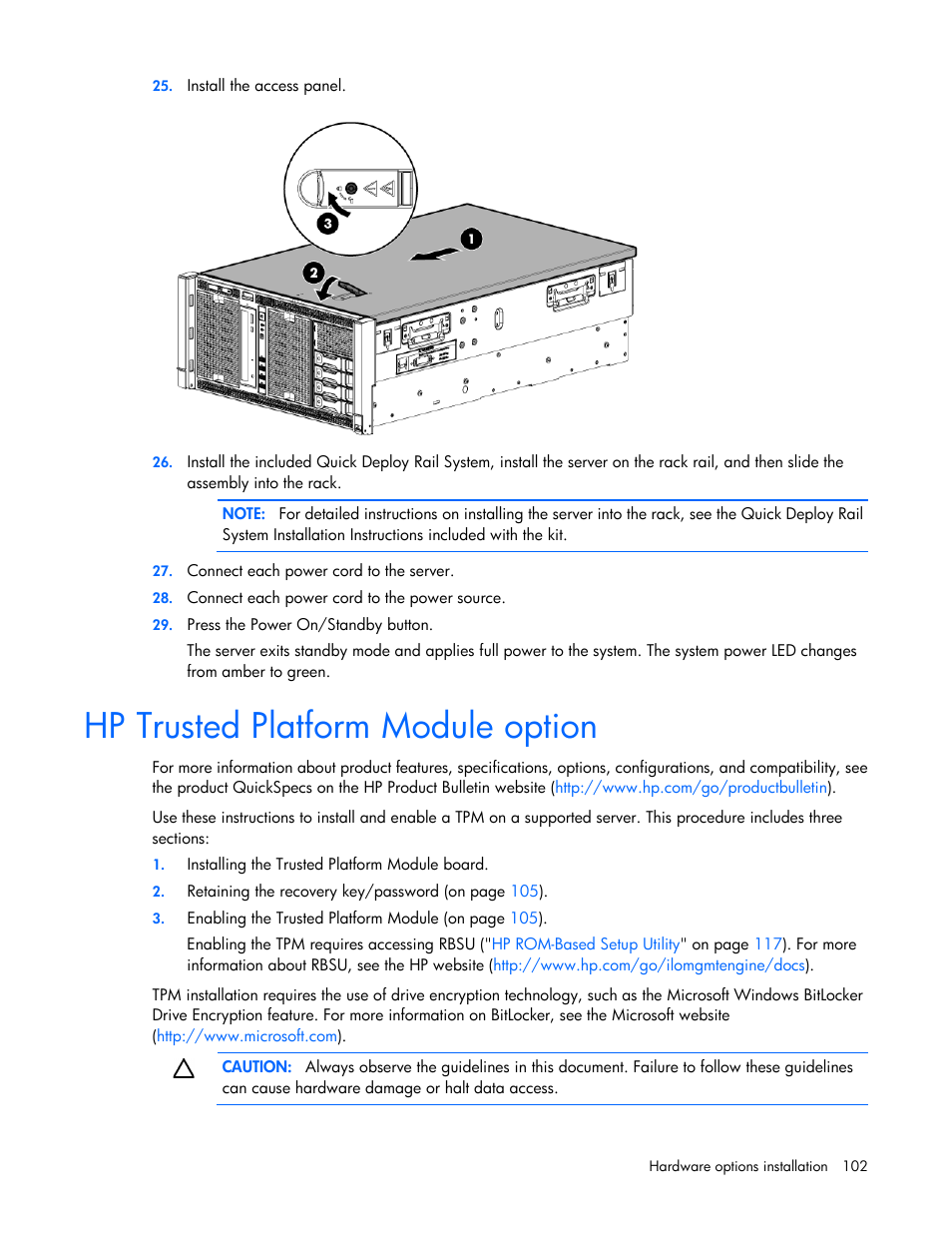 Hp trusted platform module option | HP ProLiant ML350e Gen8 Server User Manual | Page 102 / 147