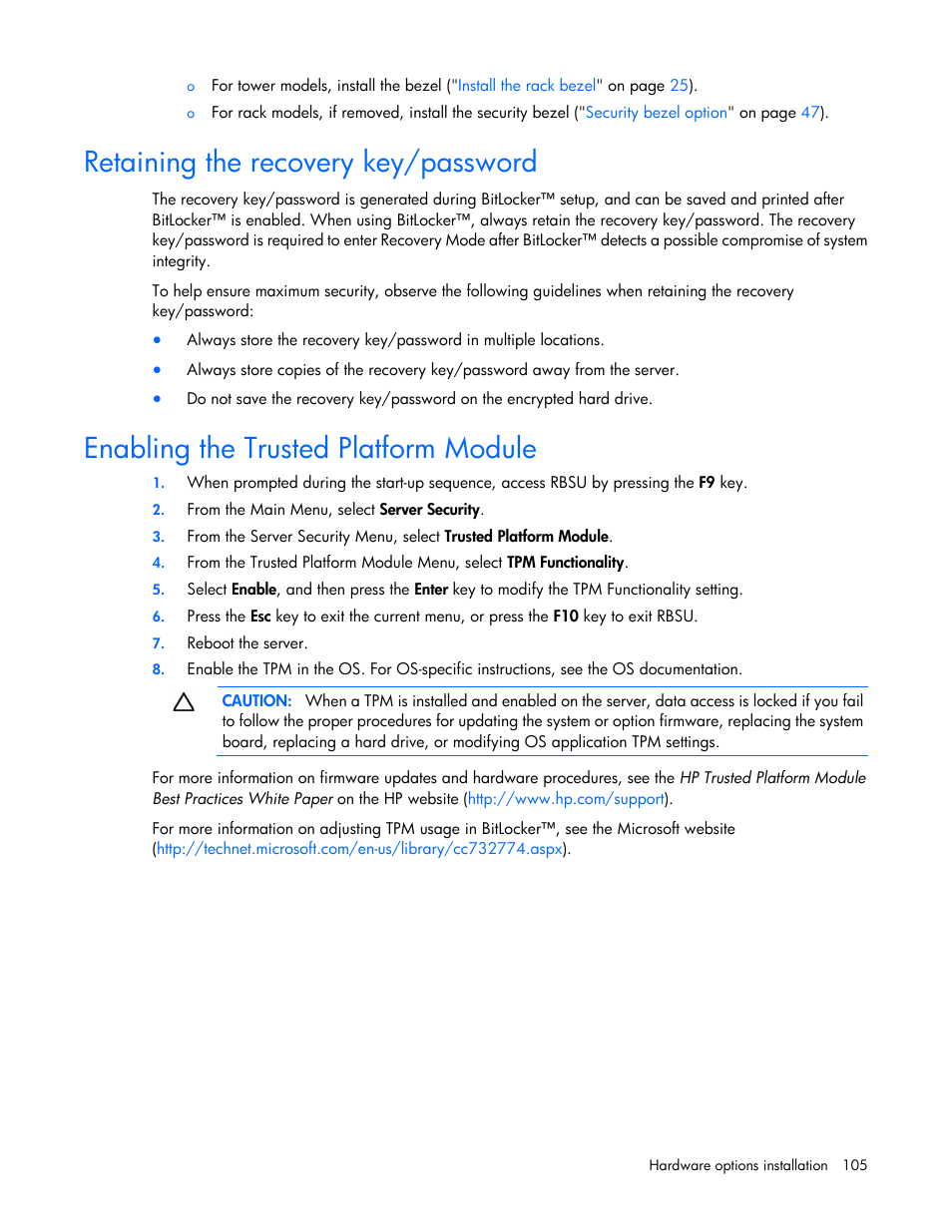 Retaining the recovery key/password, Enabling the trusted platform module | HP ProLiant ML350e Gen8 Server User Manual | Page 105 / 147