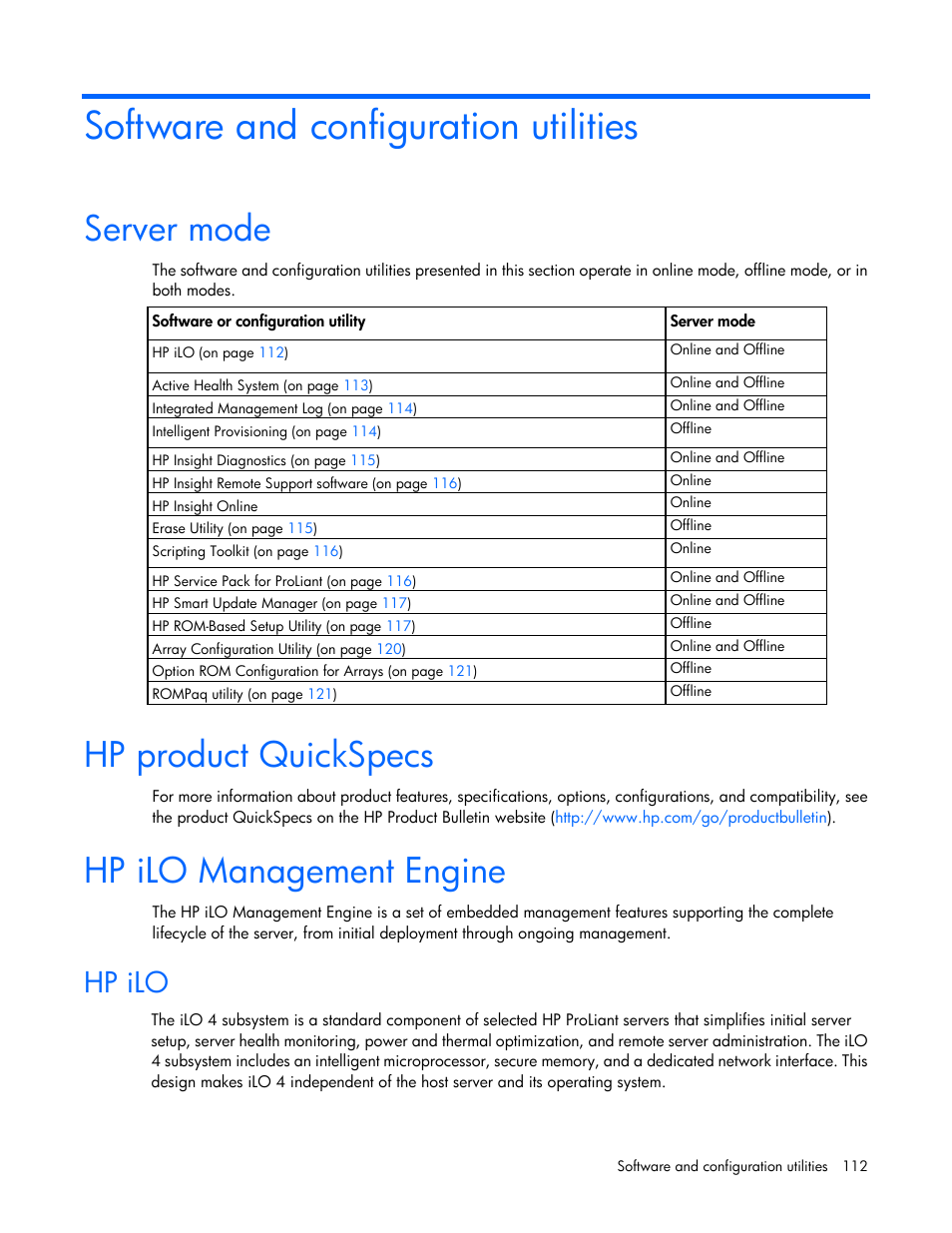 Software and configuration utilities, Server mode, Hp product quickspecs | Hp ilo management engine, Hp ilo | HP ProLiant ML350e Gen8 Server User Manual | Page 112 / 147