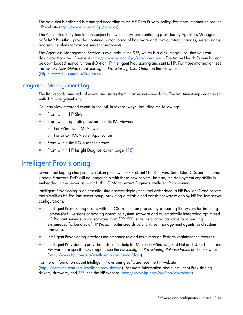 Integrated management log, Intelligent provisioning | HP ProLiant ML350e Gen8 Server User Manual | Page 114 / 147