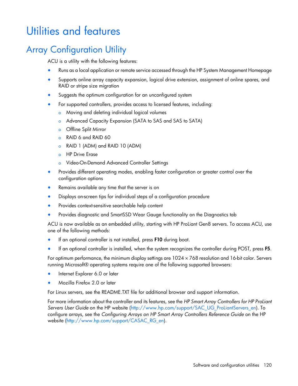 Utilities and features, Array configuration utility | HP ProLiant ML350e Gen8 Server User Manual | Page 120 / 147