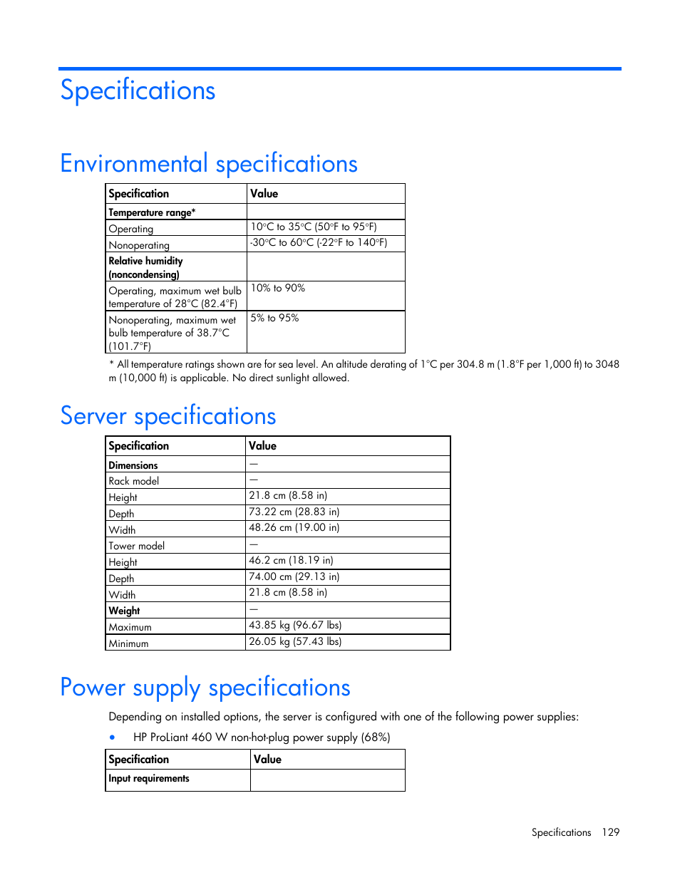 Specifications, Environmental specifications, Server specifications | Power supply specifications | HP ProLiant ML350e Gen8 Server User Manual | Page 129 / 147