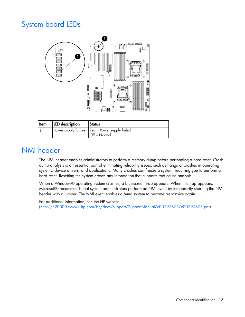 System board leds, Nmi header | HP ProLiant ML350e Gen8 Server User Manual | Page 13 / 147