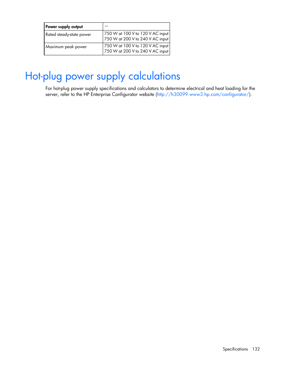 Hot-plug power supply calculations | HP ProLiant ML350e Gen8 Server User Manual | Page 132 / 147